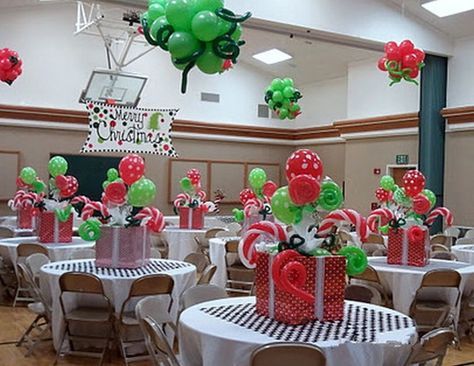 Decorating your office party with Grinch and Whoville theme decorations.