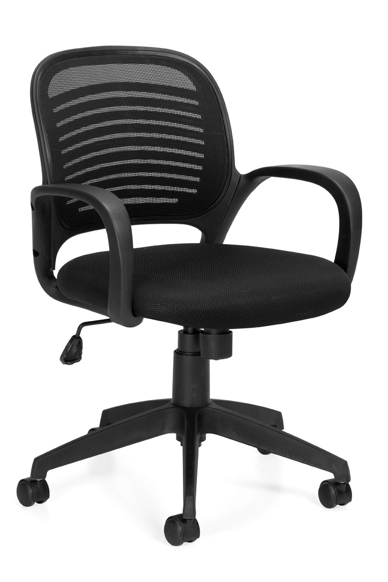 Low back black swivel-tilt conference chair with mesh/contoured plastic back, fabric seat, plastic loop arms and nylon 5-star base.