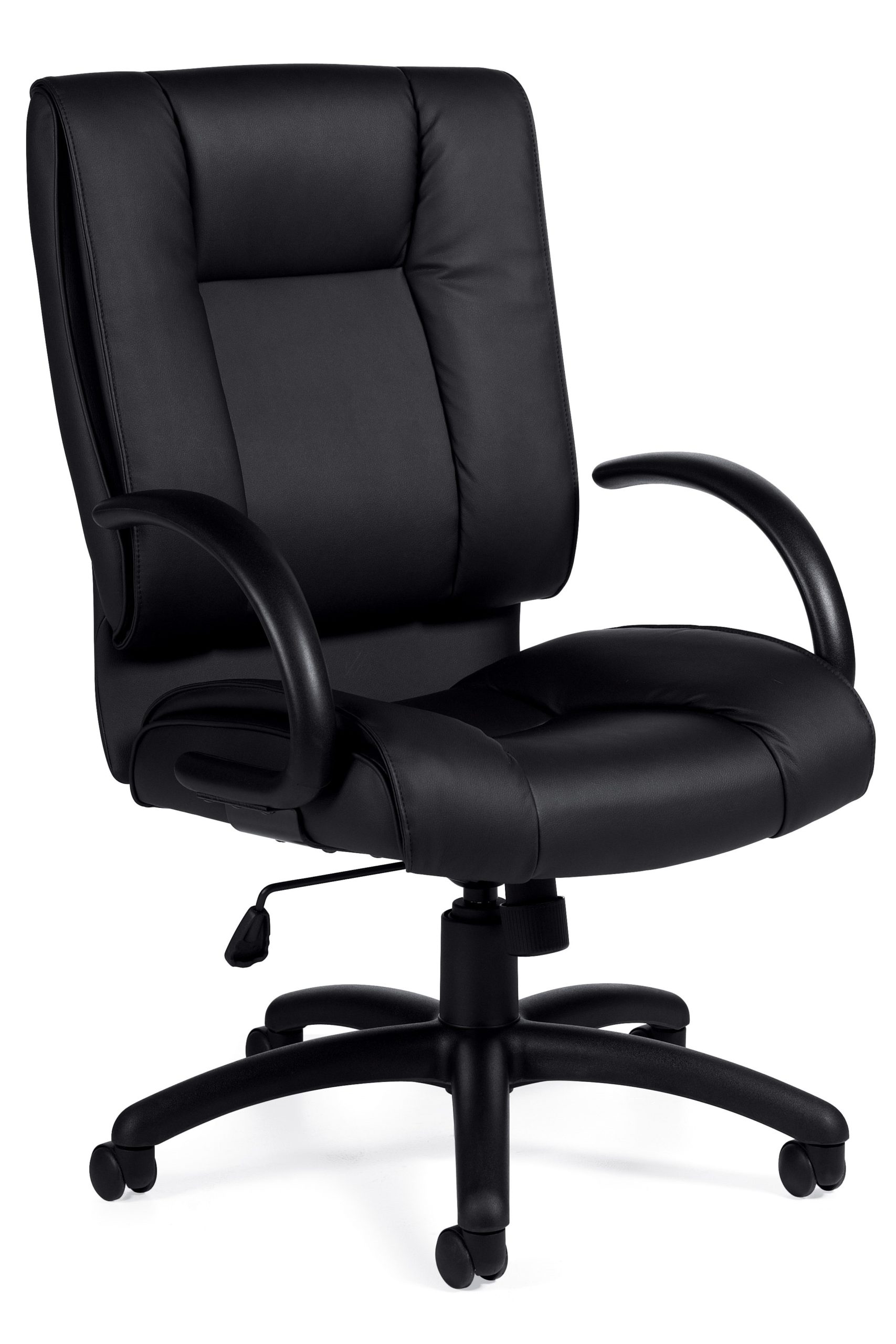 Mid back swivel-tilt conference chair in black Luxhide with nylon 5-star base, tilt lock, half-loop urethane-skinned arms, and tilt tension knob.