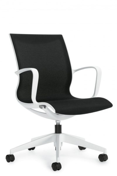 Designer swivel-tilt medium back conference chair with soft white frame and soft white 5-star base, continuous contoured loop arms, and black fabric seat and back.