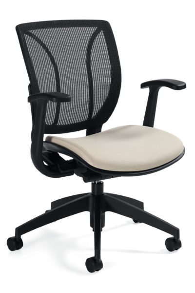 Mid-back conference chair with swivel tilt mechanism, mesh back, cream colored fabric waterfall seat, 5-star nylon base, and fixed height urethane-skinned arms.