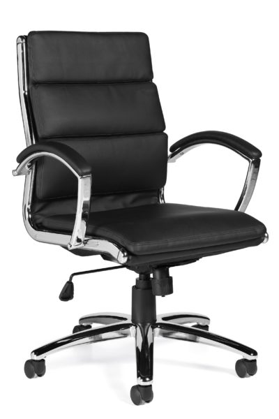 High back conference chair with swivel-tilt mechanism, stitched and 3-sectioned back detail, waterfall seat, chrome looped arms with Luxhide padded arm caps, and polished aluminum 5-star base.