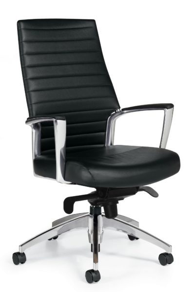 High back conference chair with knee tilt mechanism, tapered and horizontally stitched back details, tilt tension knob, 5-star polished aluminum base, and angular polished aluminum arms with urethane-skinned arm caps.