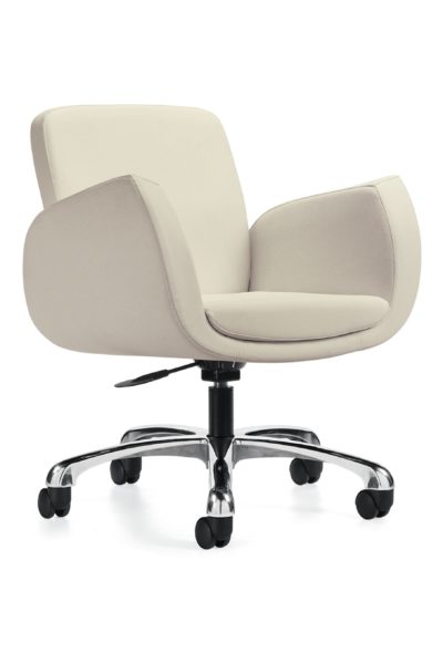 Low back designer swivel-tilt conference chair with tilt lock, cream colored fabric, angular padded box arms, and polished 5-star base.