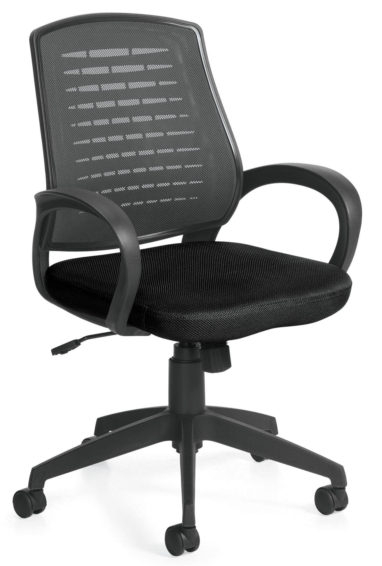 Medium back black swivel-tilt conference chair with mesh/contoured plastic back, fabric seat, plastic loop arms and nylon 5-star base.