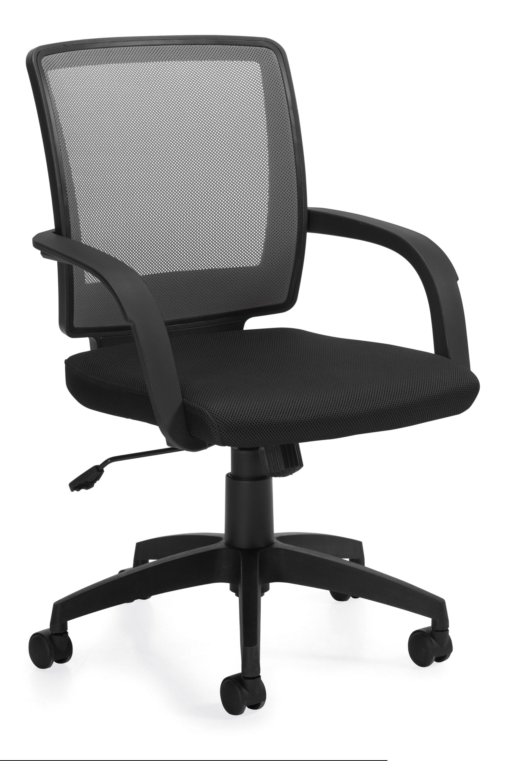Medium back swivel-tilt conference chair with gray mesh, plastic loop arms, fabric seat, tilt lock, and tilt tension.