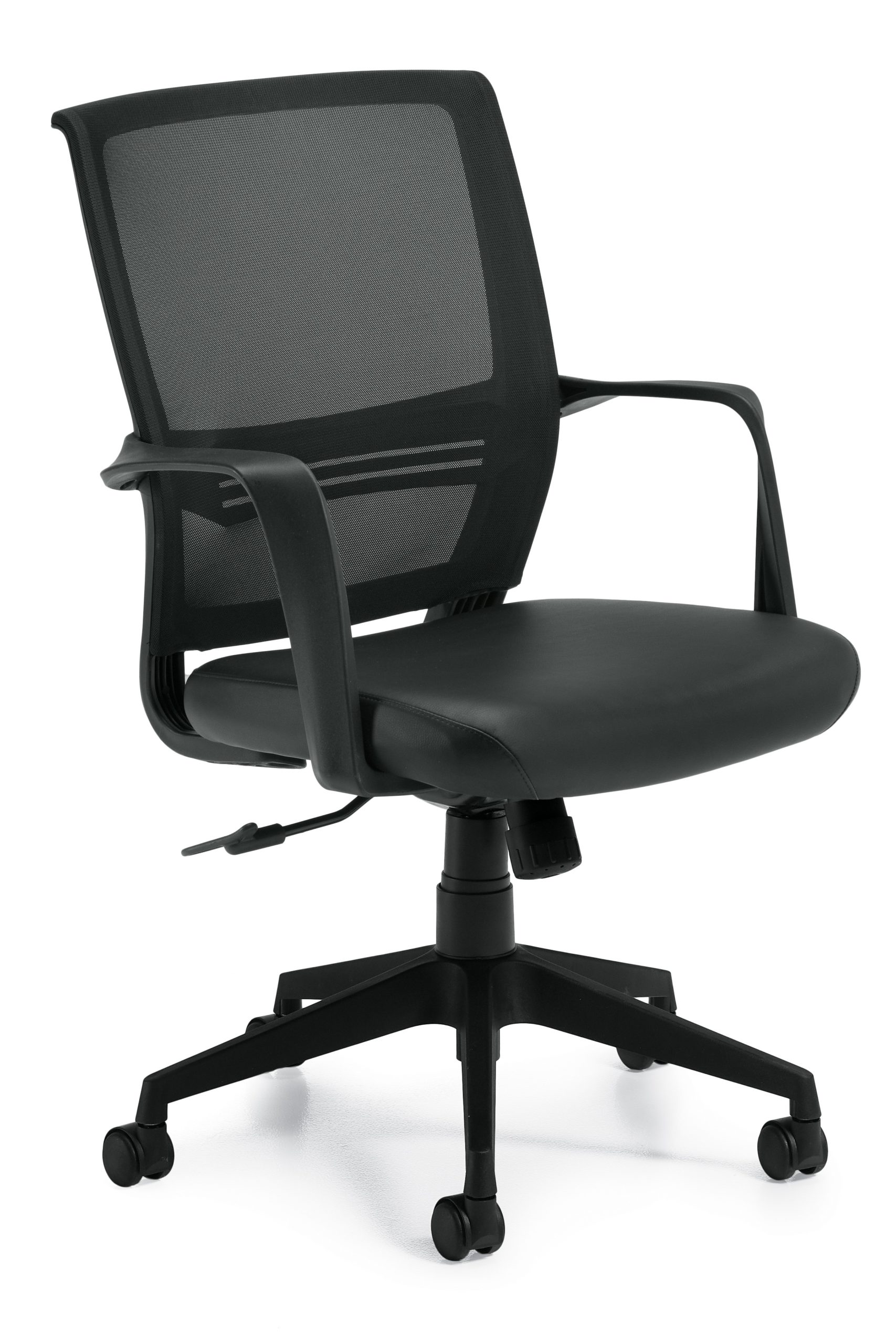 Swivel-tilt conference chair with medium-sized mesh back, twisted loop arms, black Luxhide seat, tilt lock and black 5-star base.