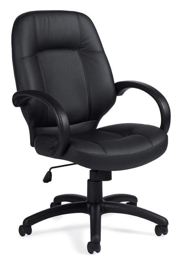 Medium back conference chair with black Luxhide seat and back, waterfall seat pan, tilt lock, loop arms, and vertical/horizontal stitching detail.