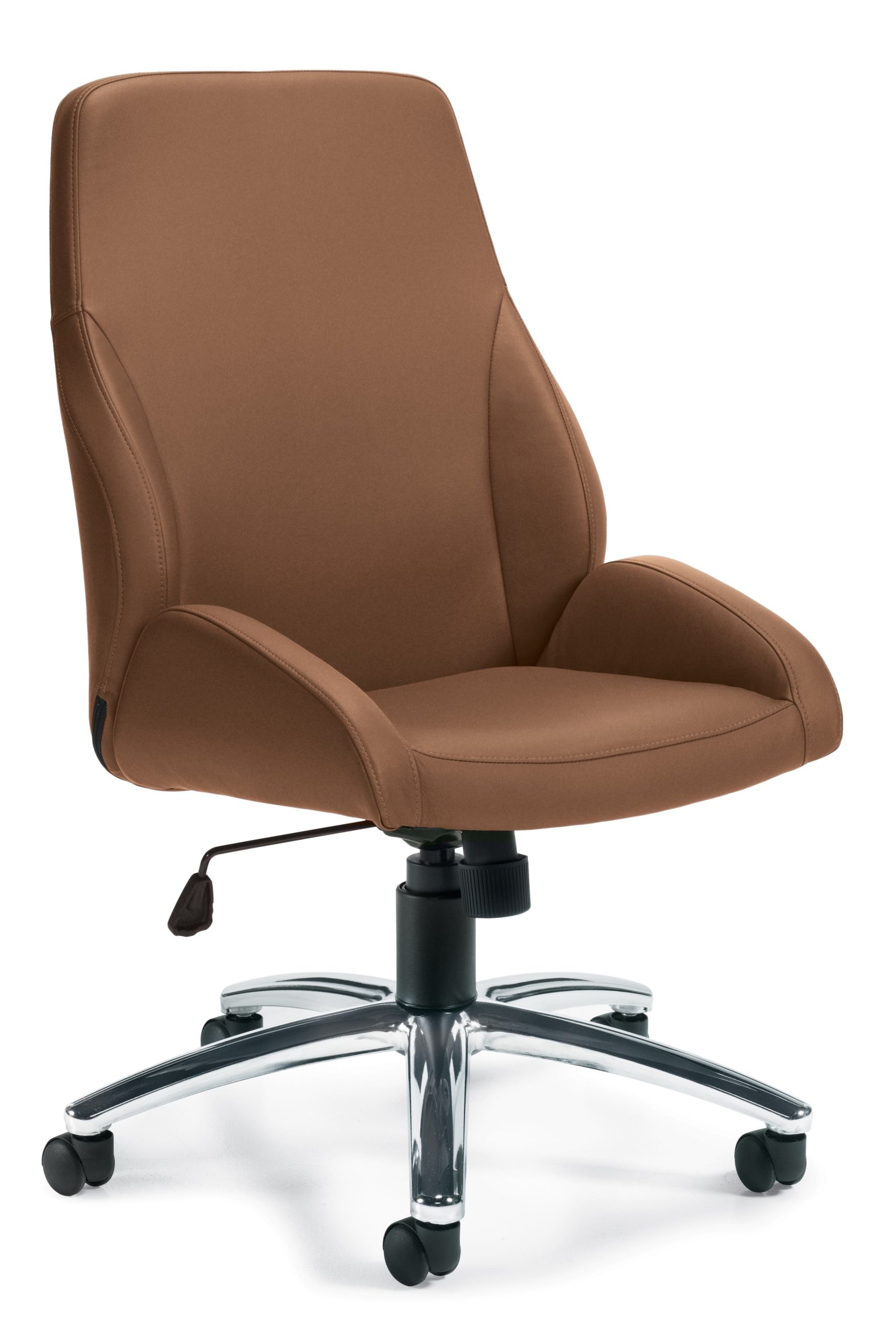Armless midback swivel-tilt conference chair in medium tan Luxhide with tilt tension adjustment, wrap-around seat pan, tilt lock, and polished aluminum 5-star base.