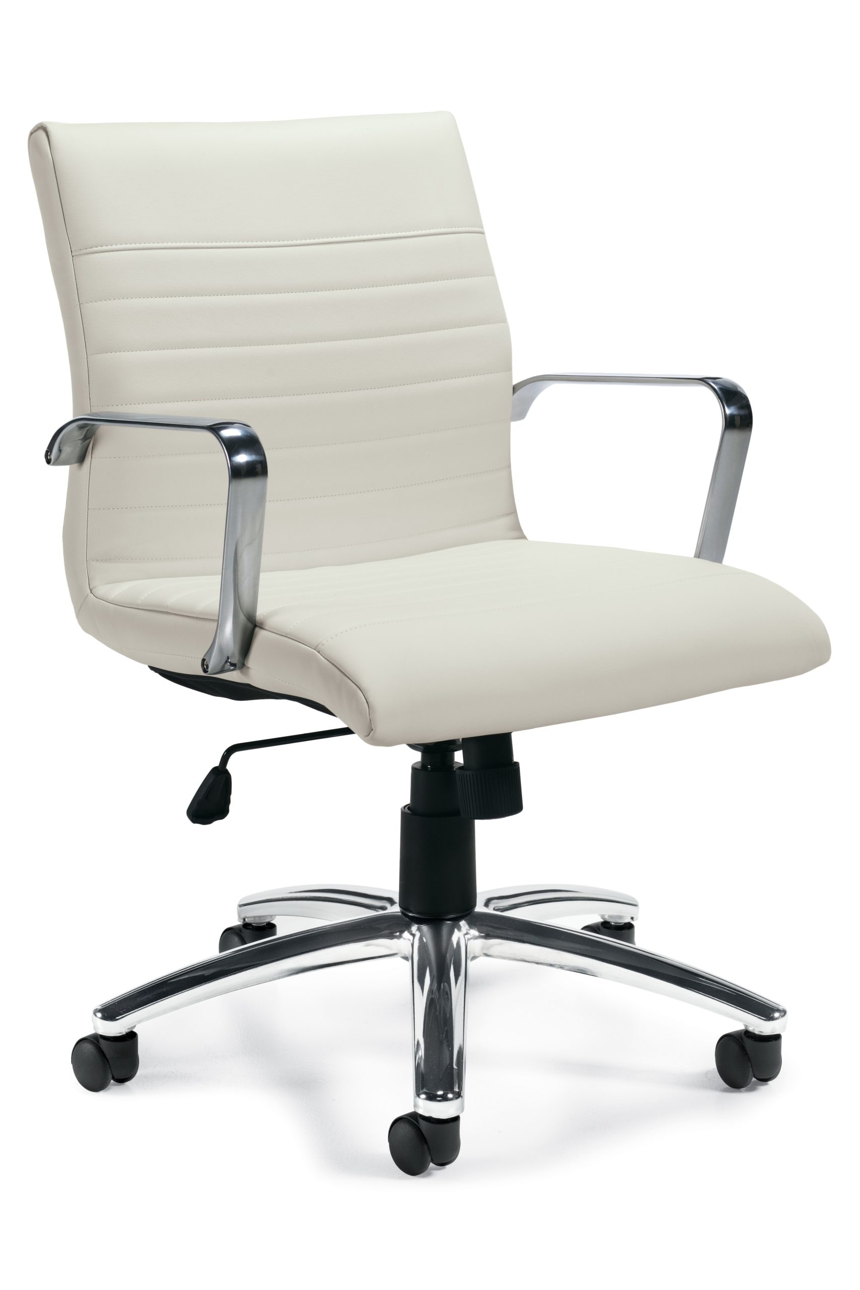 White Luxhide midback designer conference chair, swivel-tilt with chrome loop arms, polished aluminum 5-star base, adjustable tilt tension, and horizontal stitching detail.