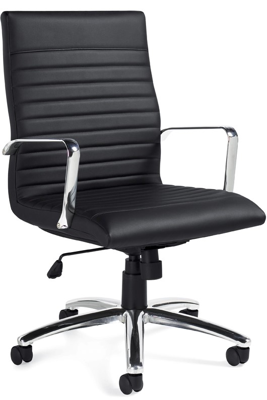 High back swivel-tilt conference chair in black Luxhide with chrome loop arms, horizontal stitching detail, polished aluminum 5-star base, and adjustable tilt tension knob.