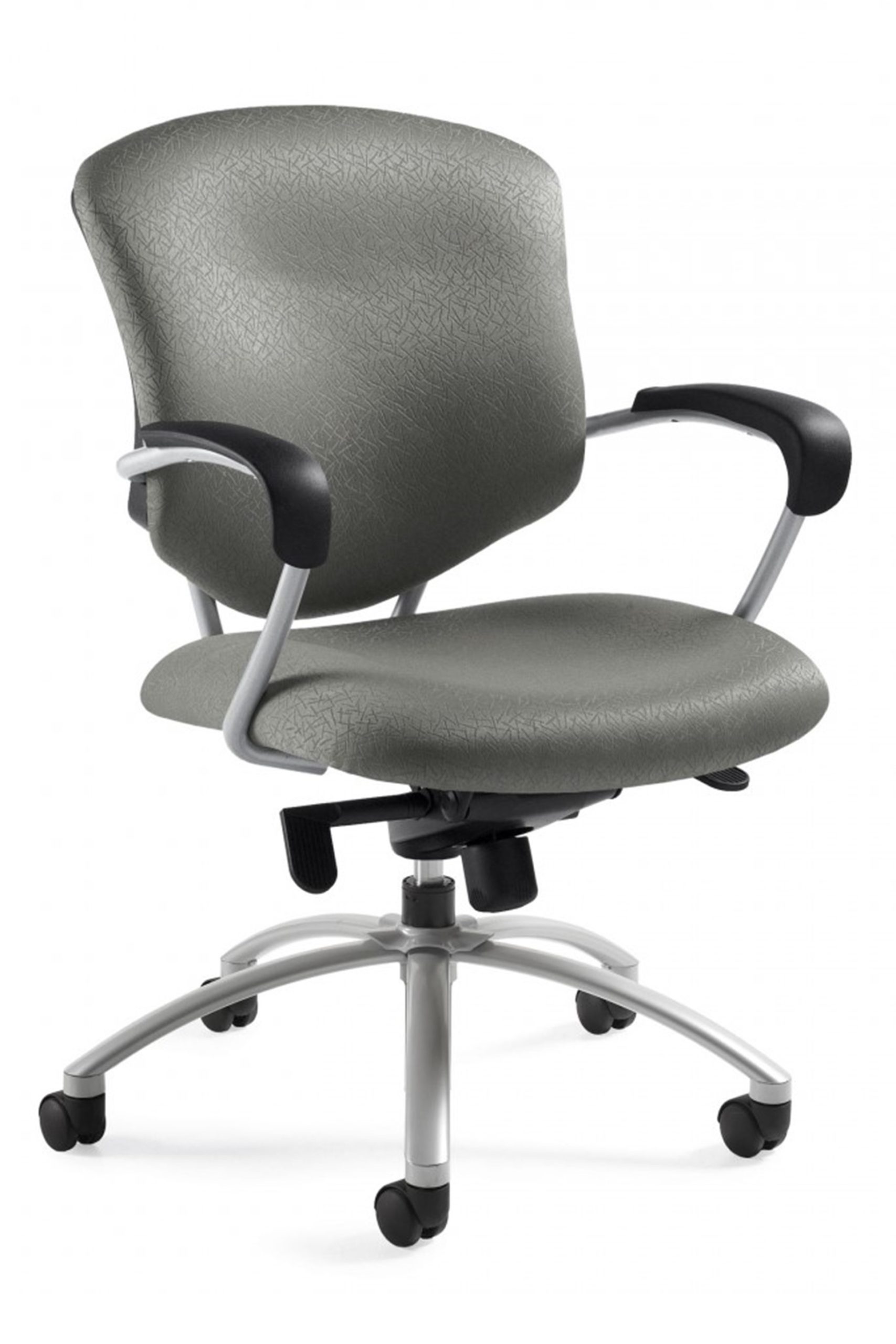 Swivel tilt conference chair with knee tilt mechanism, taupe fabric seat and back, tilt tension control, tungsten 5-star base, tungsten loop arms with black soft-skinned urethane arm caps.