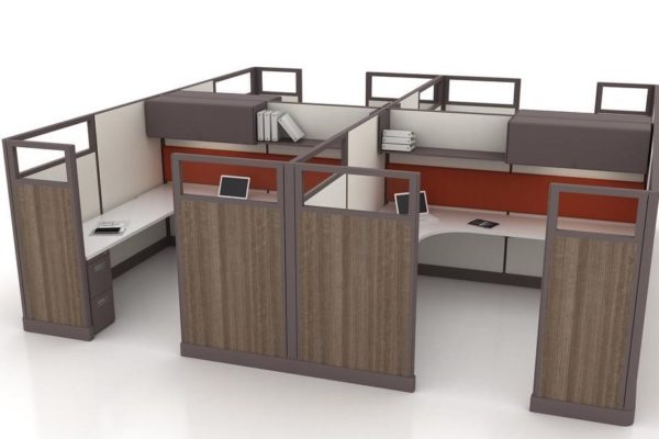 4-pack cubicles with hard surface wood-simulation panel on exterior, fabric on interior. Overhead flipper bins included.