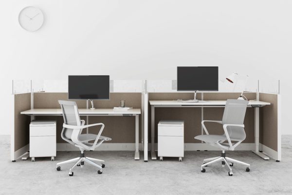 4-pack compact workstation. Includes electic sit-stand unit and mobile box file storage.