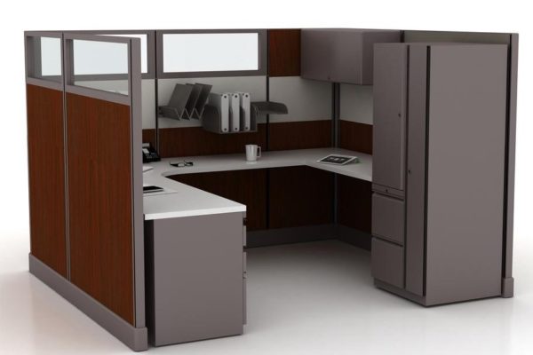 Single hard surface wood cubicle. Glass accents, overhead flipper bin, paper management and personal storage tower.