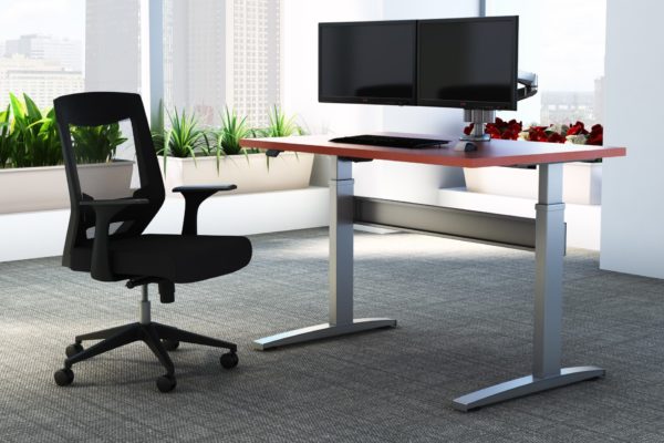 Single 24x48 sit-stand desk with silver powdercoat legs, amber laminate worksurface, and dual articulating monitor arms.