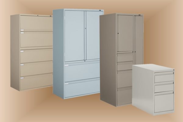 Lateral and pedestal filing grouping in multiple colors and several door and drawer combinations. Colors include light grey, sand, and desert tan. 5-drawer lateral file option as well as personal storage tower with combo filing and wardrobe compartments.