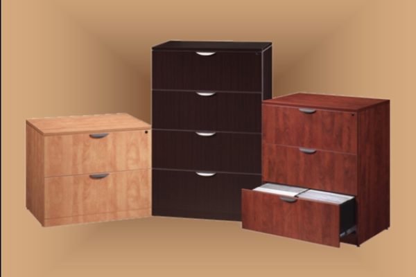 Laminate series lateral filing in espresso, honey, and medium cherry laminate options, shown in 2-drawer, 3-drawer, and 4 drawer configurations.