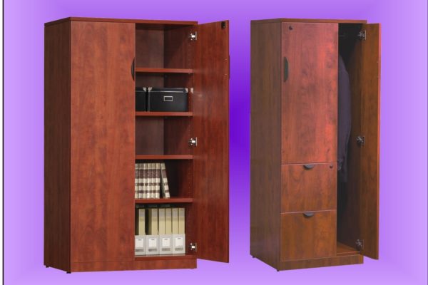 Laminated personal storage tower/wardrobe and 36” wide 2-door storage cabinet, both in medium cherry laminate and 66” high.