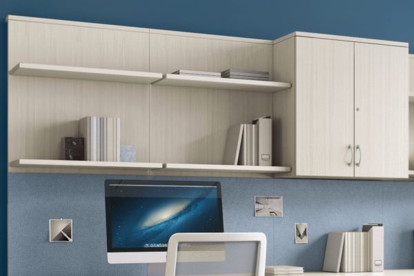 Open shelving with hidden cantilever supports and upper 2-door storage hutch in white glazed wood laminate.