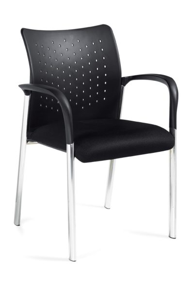 Black perforated polypropylene back guest chair with loop arms, chrome legs, and black fabric seat.