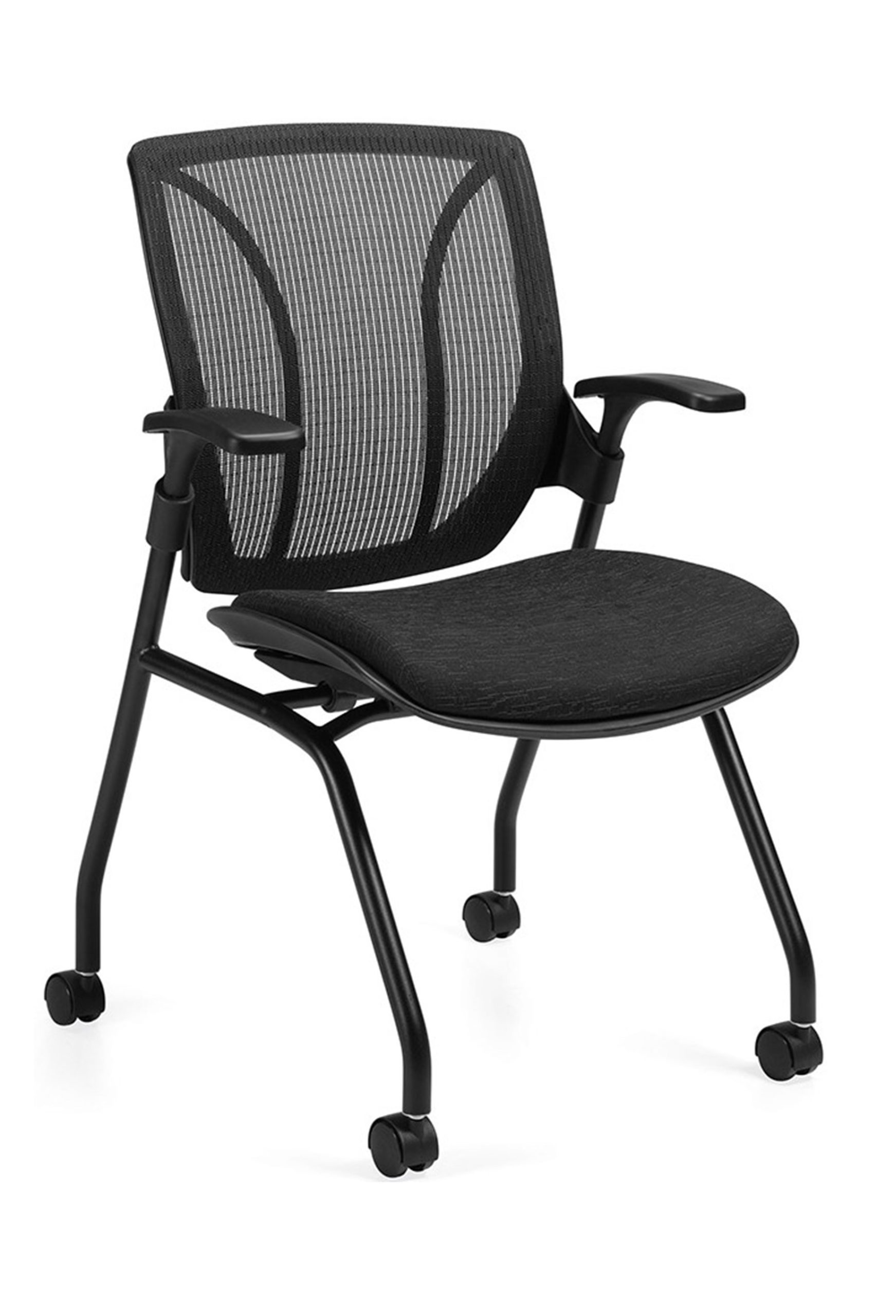Mesh back guest/training chair in all-black finish including tubular frame, casters, fabric seat, urethane arms, and flip-up seat for horizontal nesting.