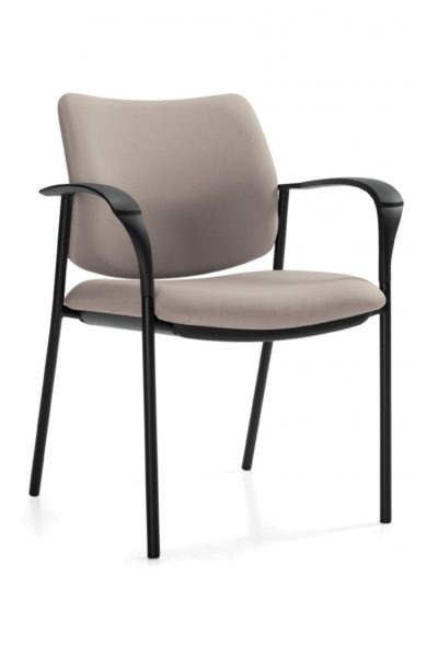 Multi-purpose stacking guest armchair with beige fabric seat and back, black tubular steel legs, and contoured/flattened loop arms.