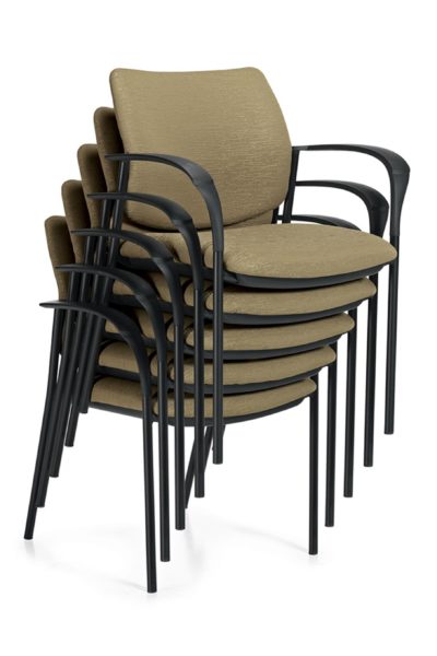 Stack of 5 guest armchairs with moss green seats and backs, black tubular frames, and contoured/flattened loop arms.