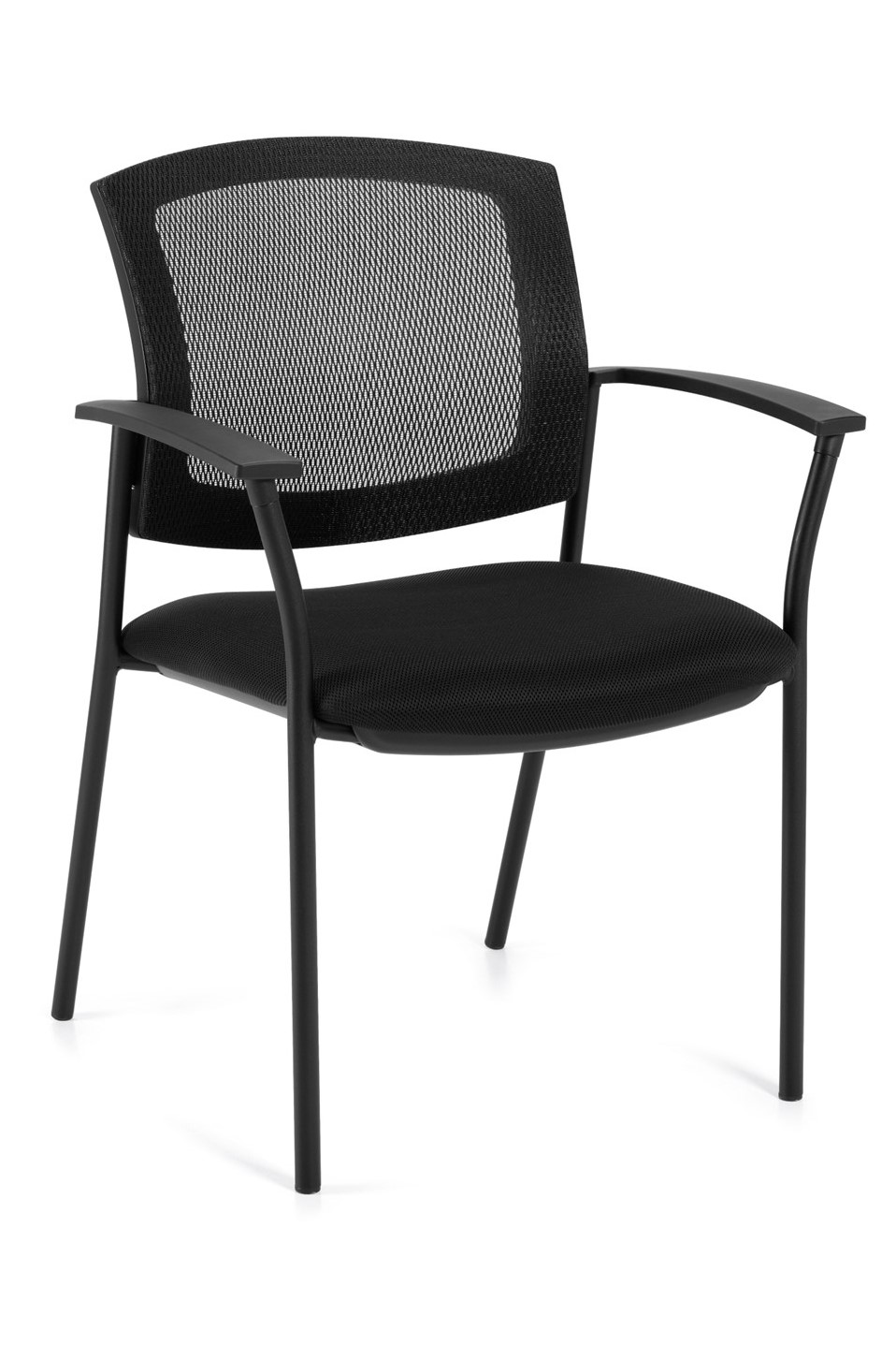 Black mesh back guest chair with black round tubular steel base, fabric seat, and curved urethane-skinned arm caps