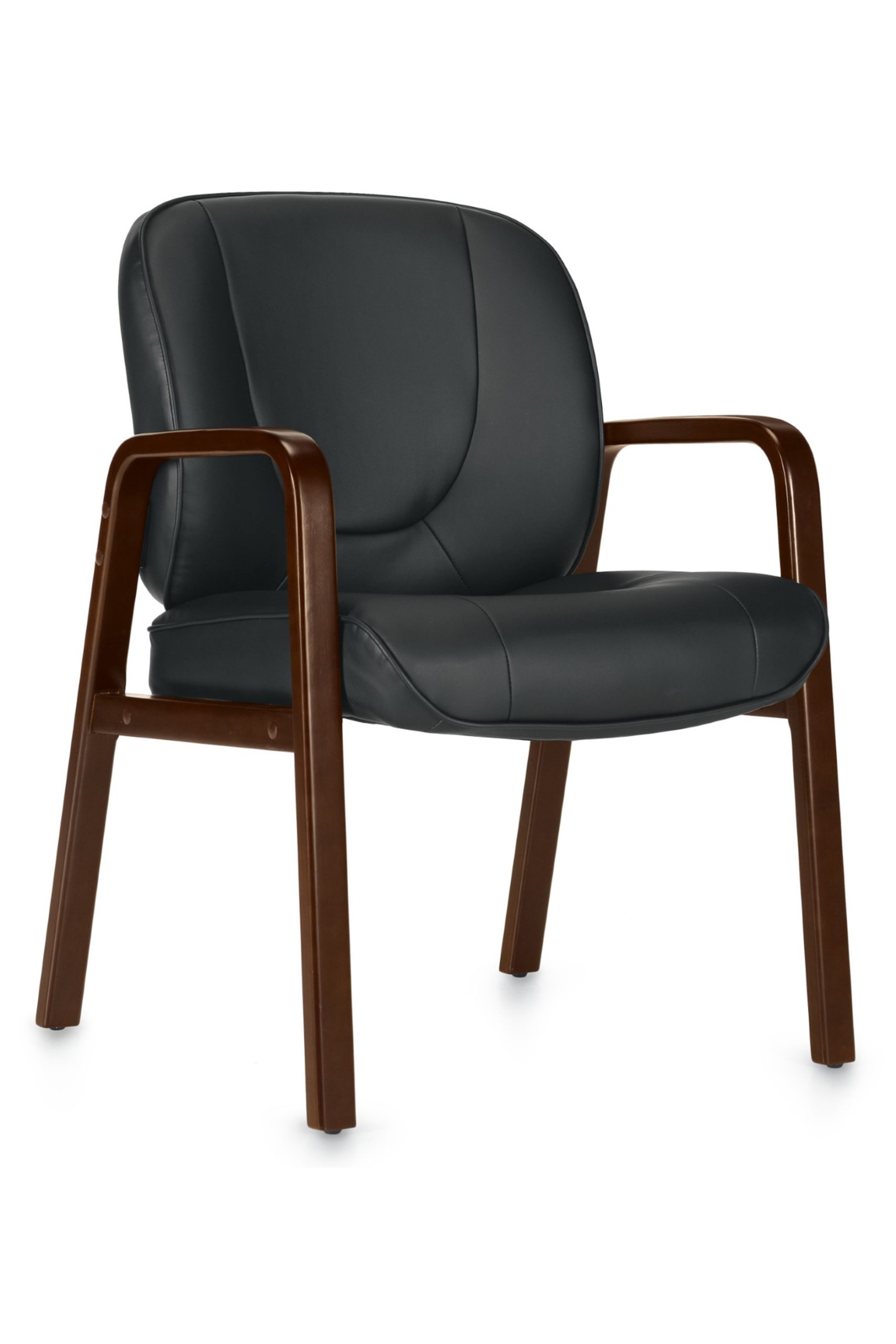 Black guest chair with wood arm and leg accents and Luxhide simulated leather seat and back.