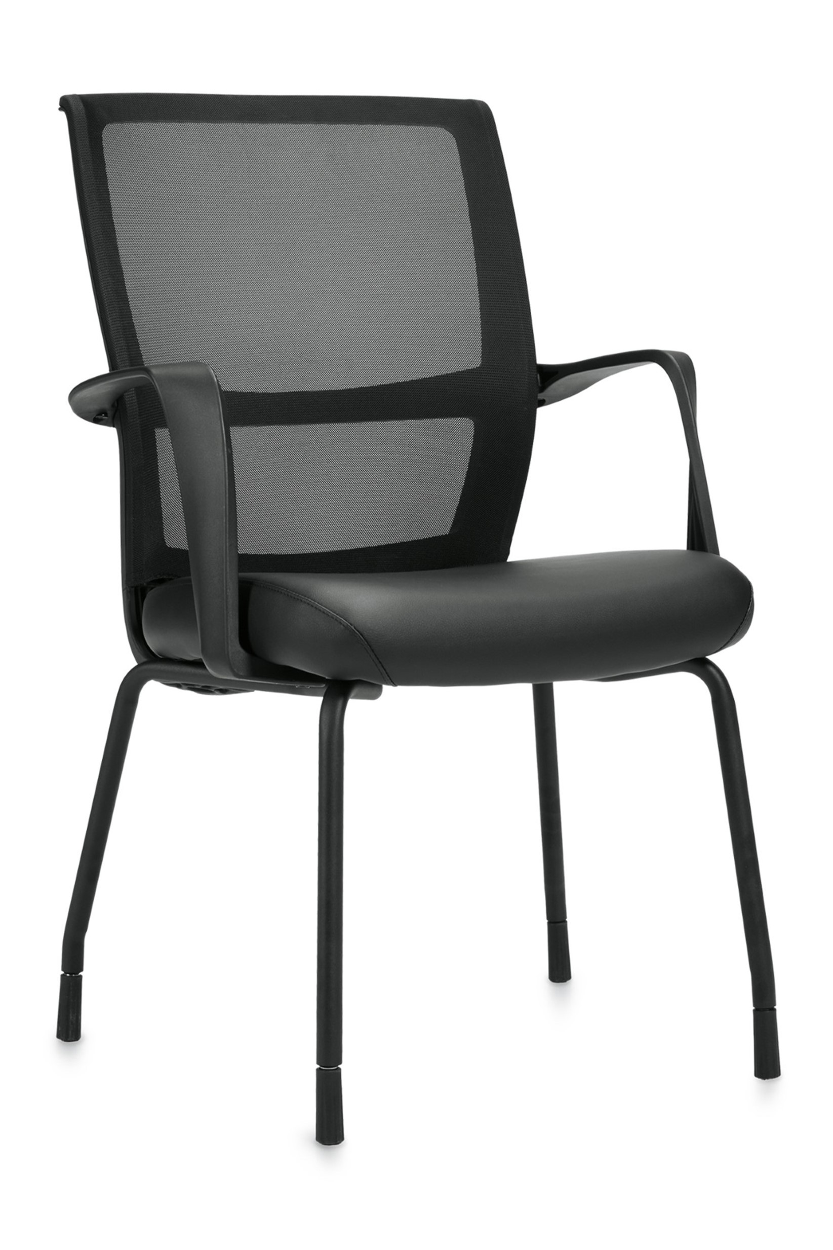 Flared back guest chair with twisted loop arms, black powder-coated tubular steel legs, mesh back, and black Luxhide seat.