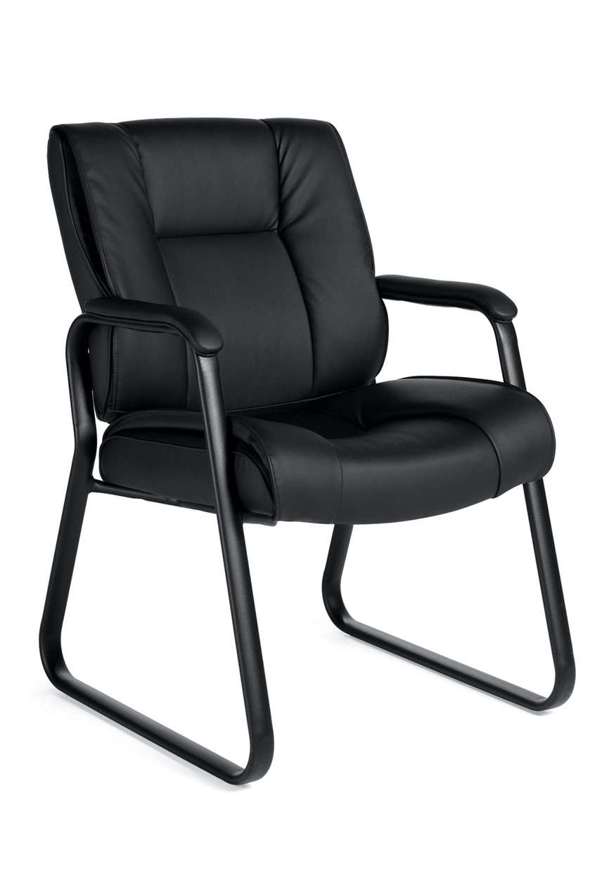 Sled base chair with black Luxhide seat and back, heavy duty elliptical tubular steel frame, waterfall seat edge, and urethane arm caps for comfort and durability.