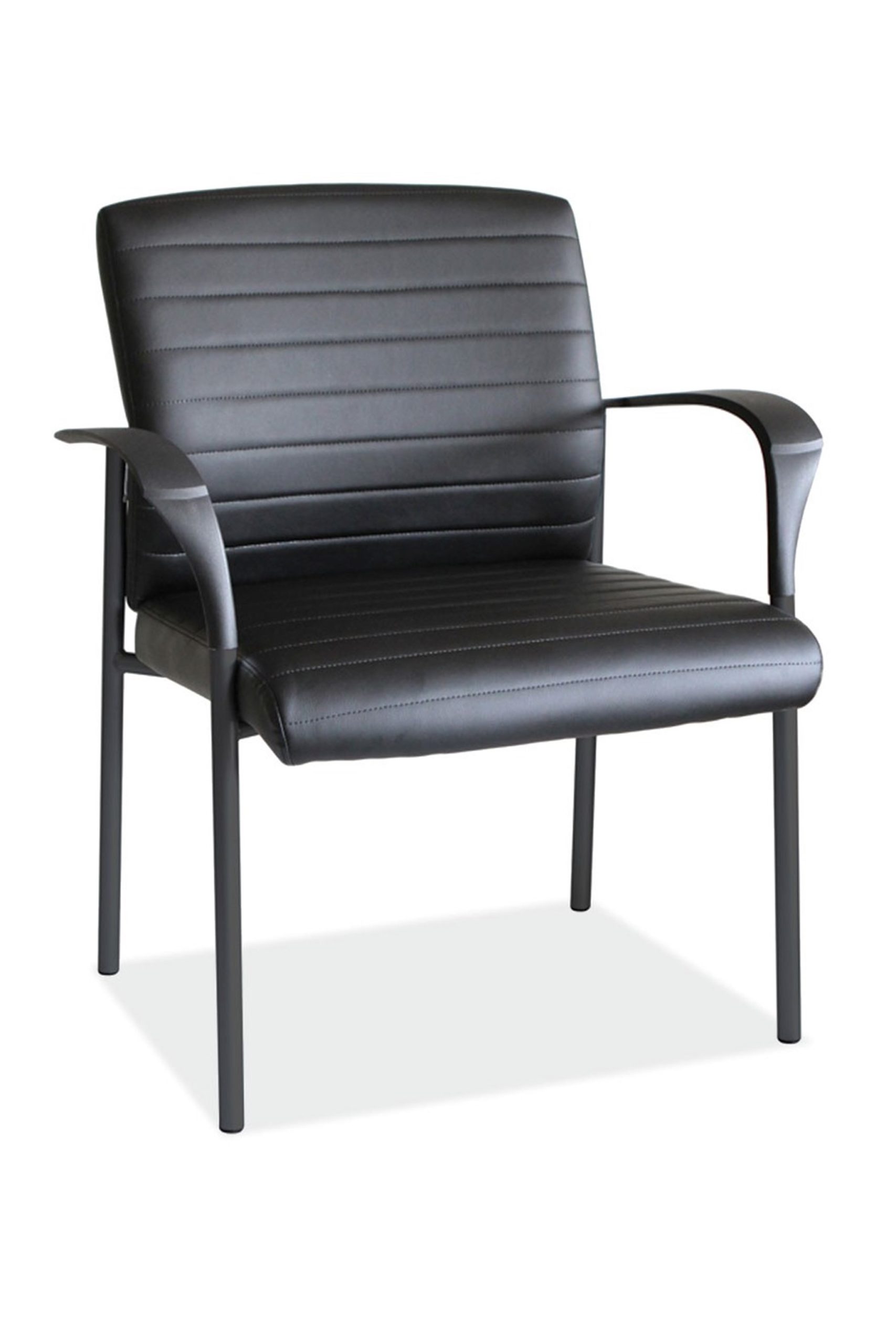 Guest armchair with black PVC loop arms, black vinyl seat and back, water seat cushion, and stylish horizontal stitching detail.