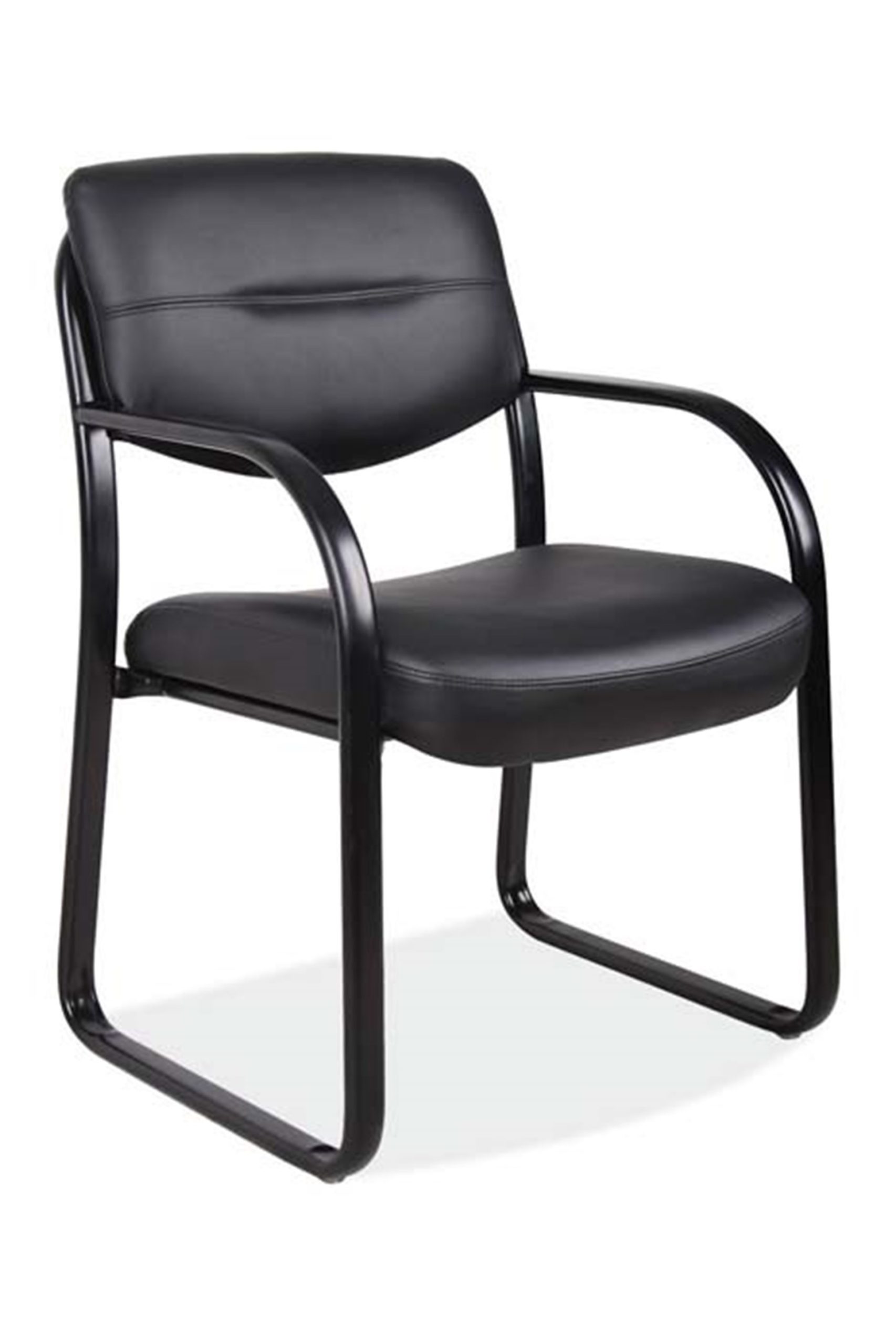 Sled base guest armchair with looped steel powder-coated arms, durable sled base, black Leathertek seat and back, and floating back for easy cleaning.