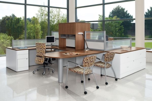 Double desking setup with peninsula tops, hutches, and white and natural cherry laminate finishes.