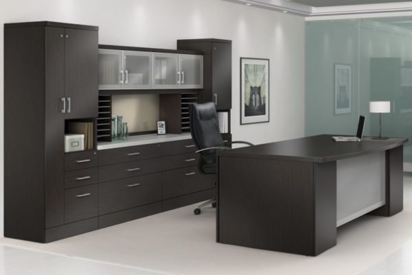 Executive desk group in espresso with bowtop desk and credenza, storage tower and paper management.