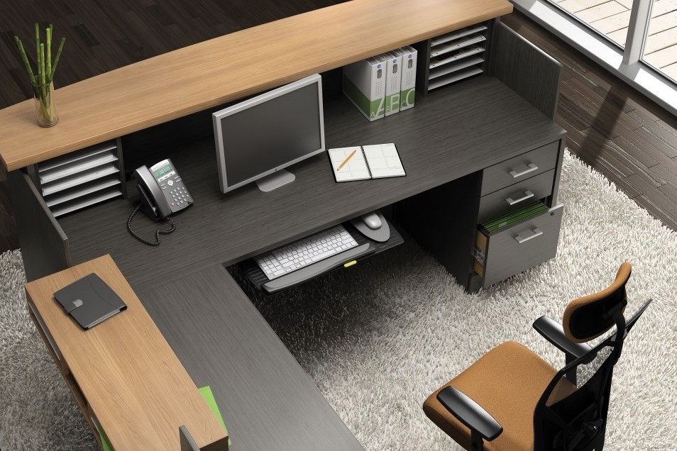 Reception L-desk in Absolute Acajou laminate with box box file, keyboard drawer, paper management, and 36” high handicap accessible side transaction counter.