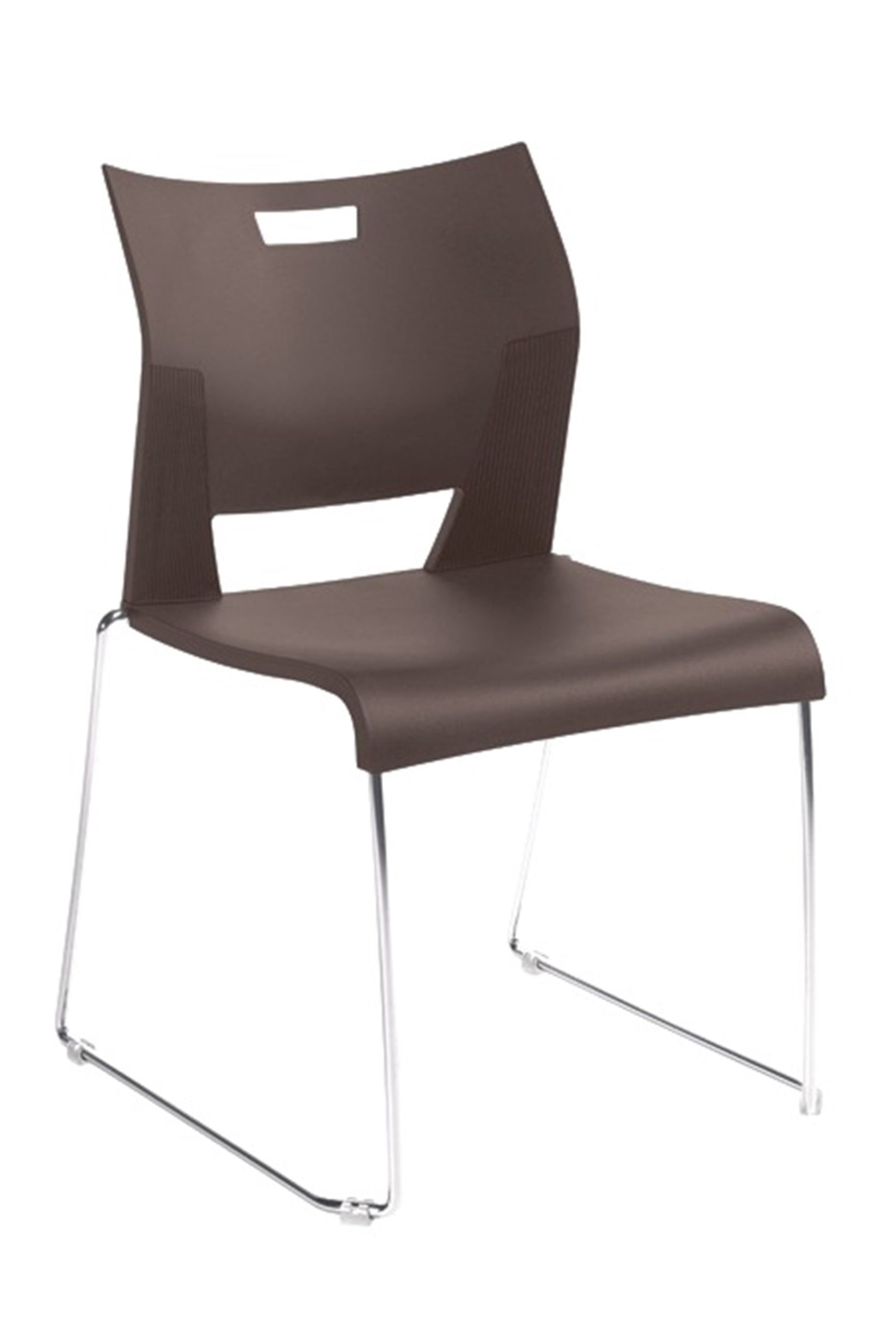 Flared, contemporary polypropylene 300 lb. rated armless high density stack chair in dark brown with solid rod chrome-plated base, optional glides for carpet or hard surfaces. Stacks up to 40 high on a dolly.