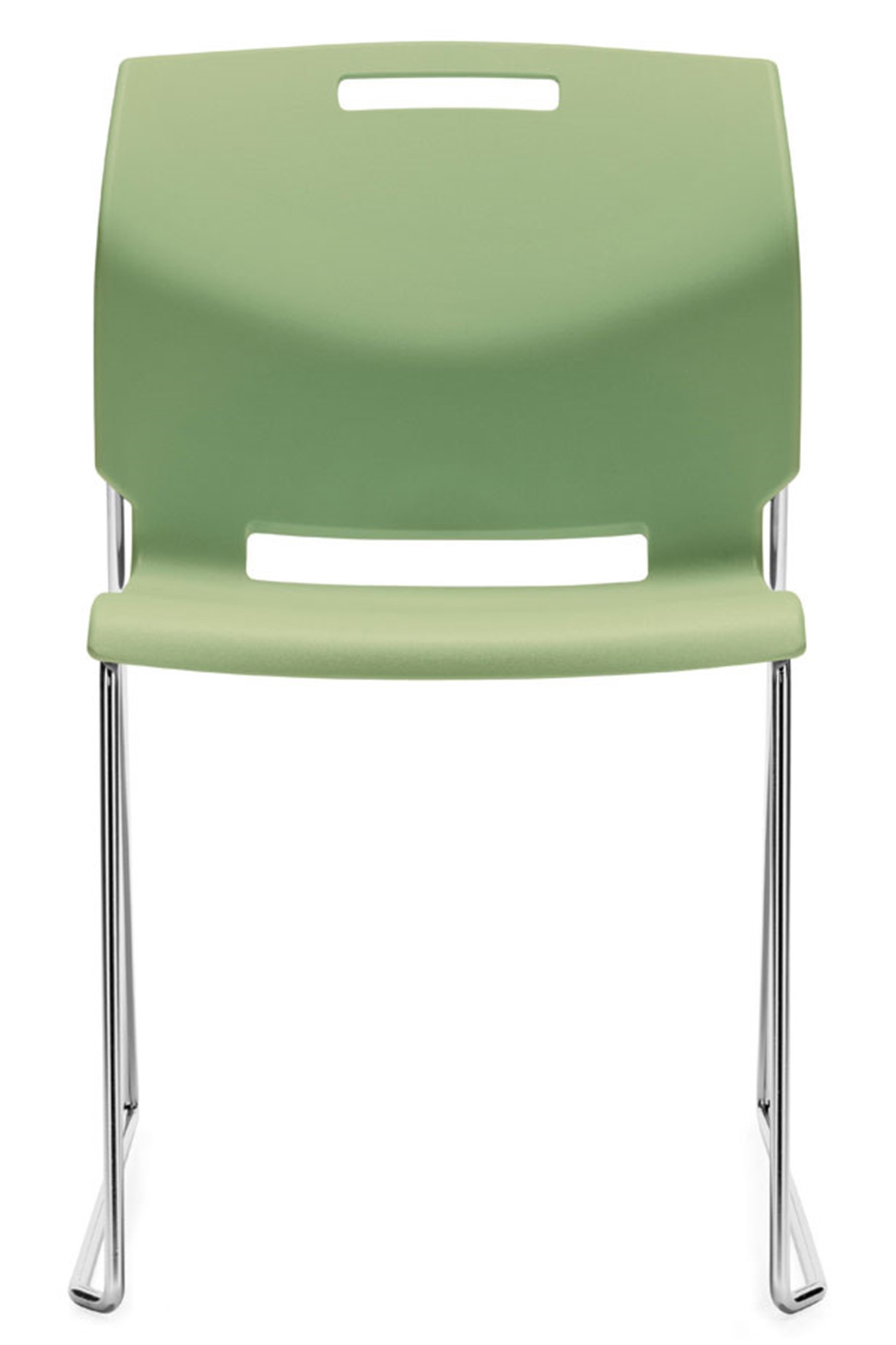 Armless seafoam green plastic high density stack chair with solid bar chrome sled base. Stacks up to 34 high on a dolly.