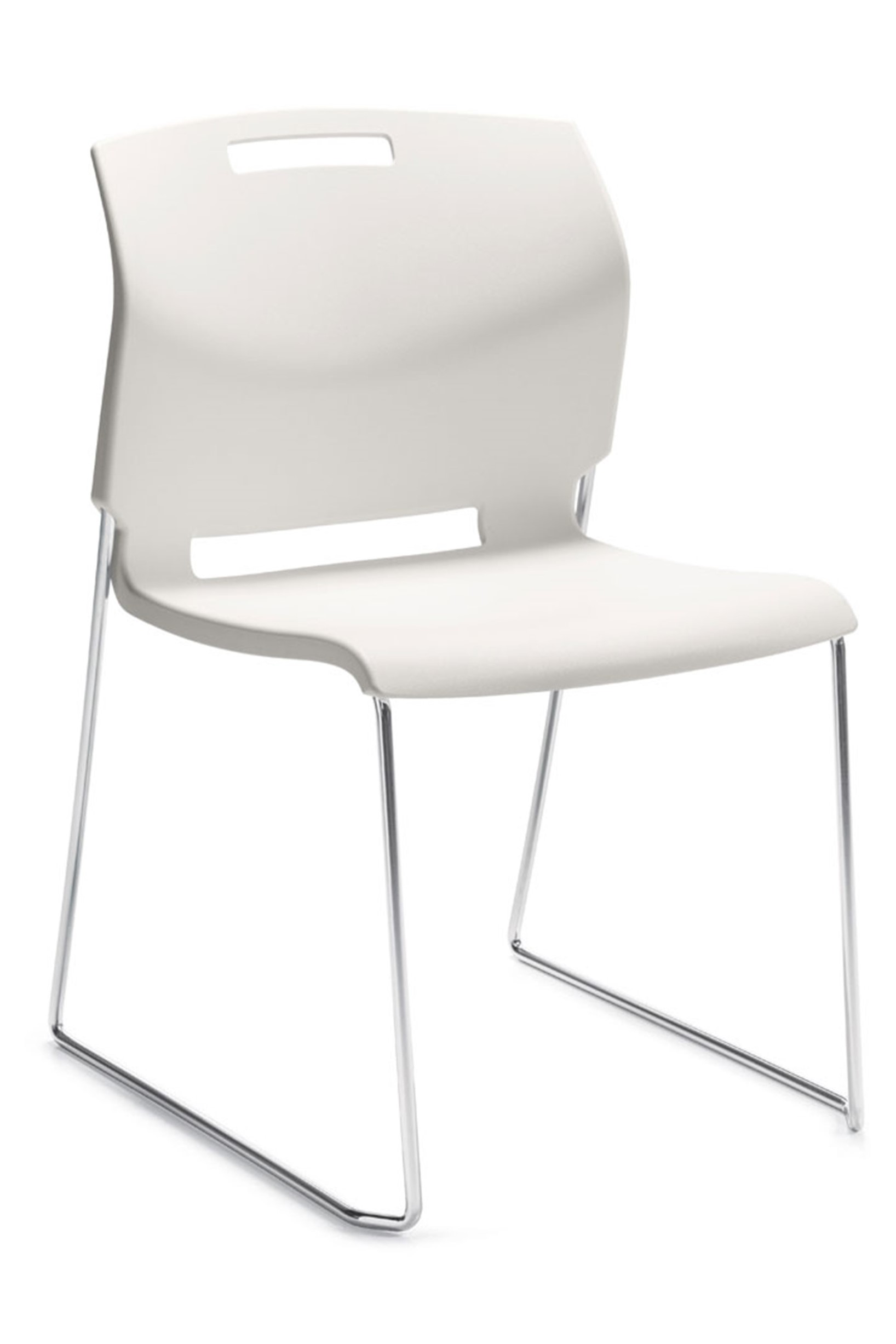 White armless high density stack chair (34 high on a dolly) with solid chrome sled base and built-in convenient carrying handle in the seat back.