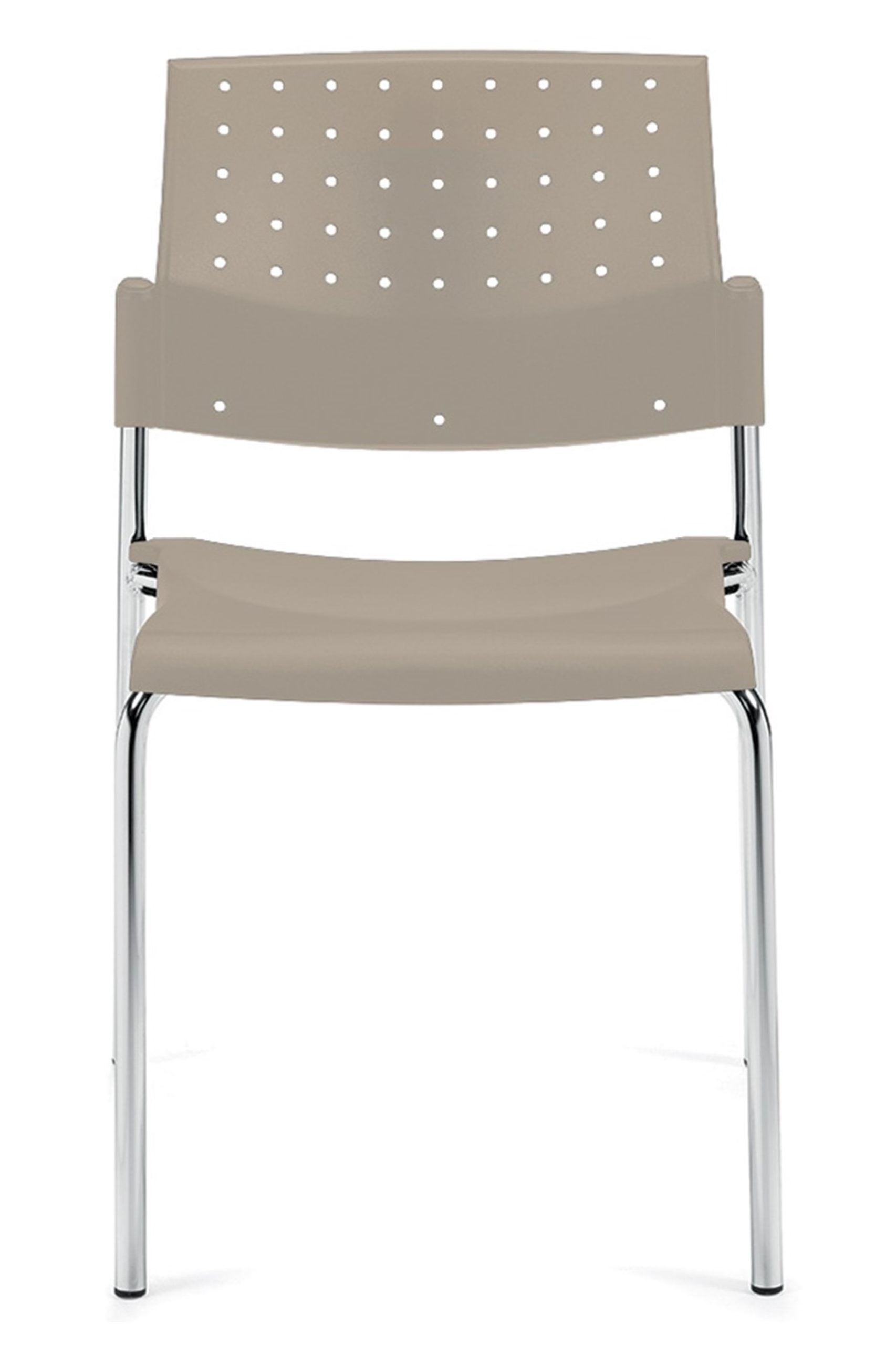 Armless stack chair in ivory polypropylene, solid steel rod sled base, contemporary perforated and angled back. Stacks 10 high on a chair dolly.