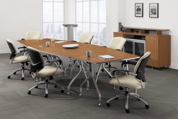 48x96 boat shaped ganged conference table with contoured tungsten legs, leveling glides, natural cherry laminate tops, and contrasting tungsten edge banding.