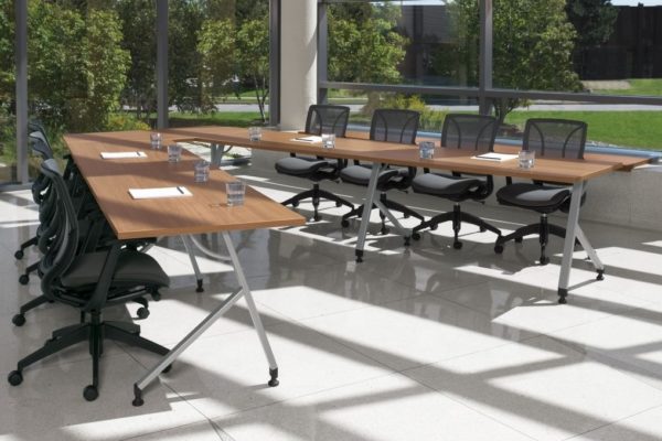 24x48 training table configuration with angled square legs, casters, tungsten powdercoat, and natural cherry laminate tops.