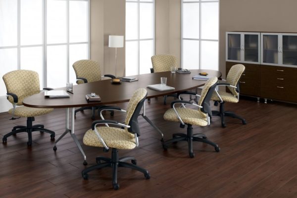 42x96 elliptical-shaped conference table with tungsten ladder-style metal legs and espresso laminate top.