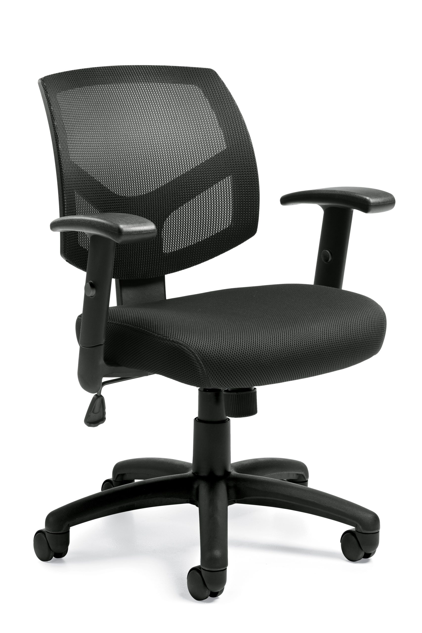 Basic low back administrative swivel-tilt chair with black fabric seat and black mesh back, 5-star base, and height-adjustable arms.