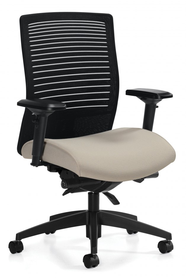 Medium mesh back synchro-tilt chair with ratchet back height adjustment, height & width adjustable arms, sliding seat pan, tan extra thick contoured seat, 4 locking positions, and plastic base.
