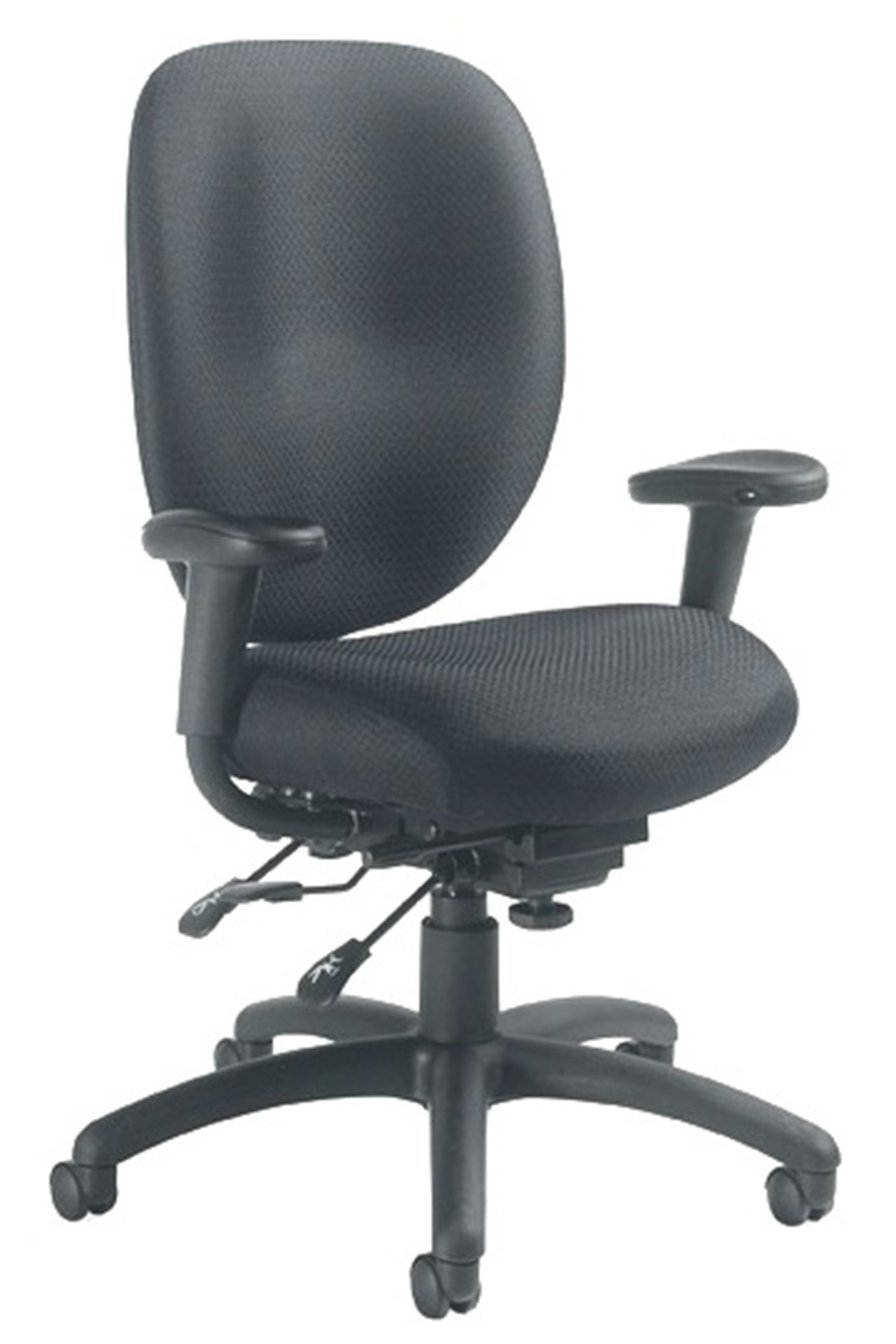 Multi-tilt soft curve task chair in black fabric with tilt tension adjustment, height adjustable arms, adjustable back height, and pivoting arm caps.