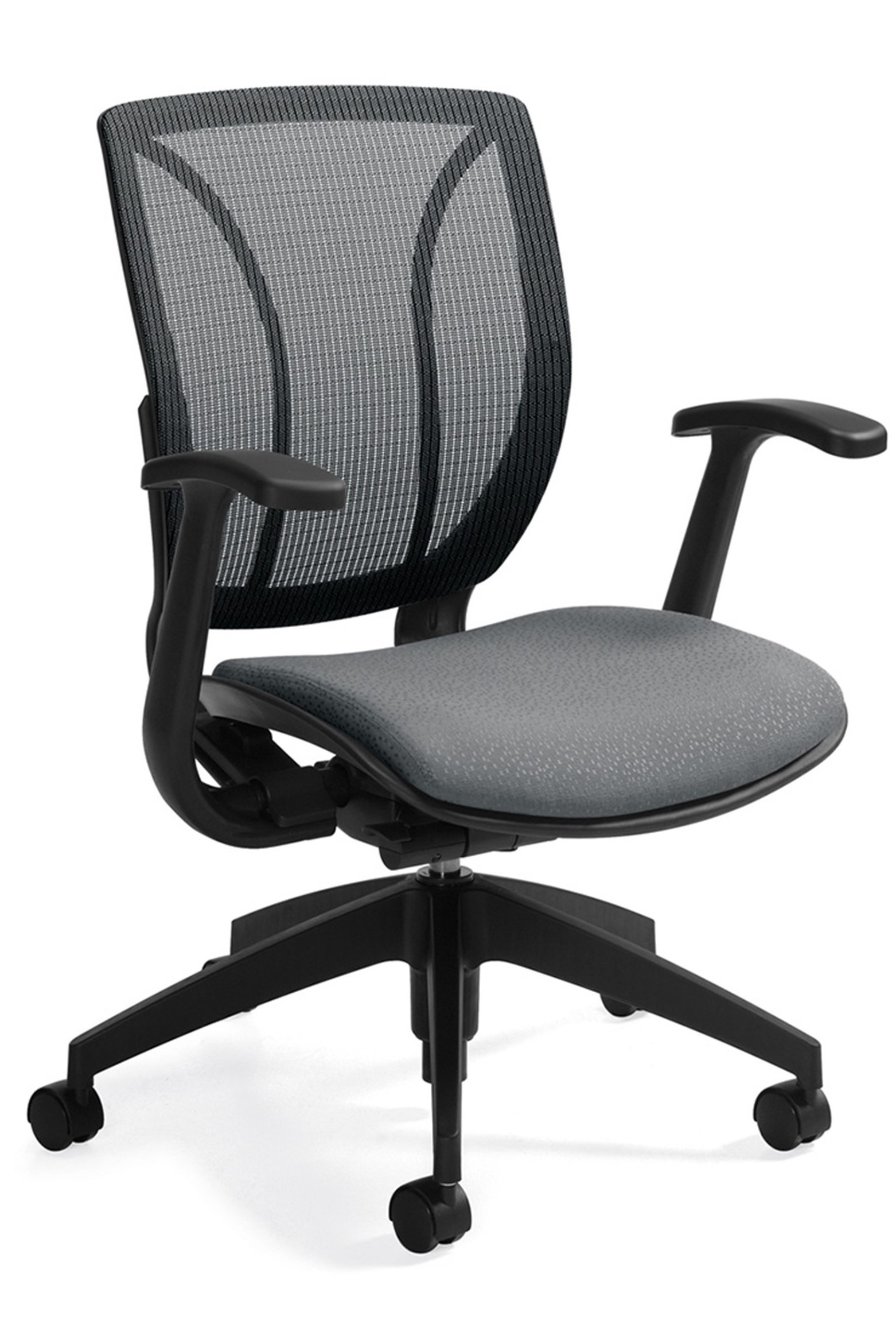 Tilting medium mesh back chair with fixed height urethane-skinned arms, pneumatic seat height paddle, and medium gray fabric seat.