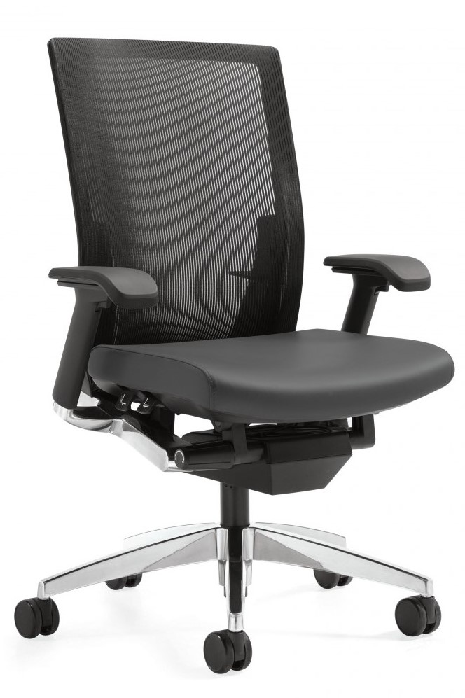 Contemporary design executive manager-task chair with synchro tilt mechanism, high mesh back with lumbar adjustments, 4-position tilt lock, polished cast aluminum accents on seat frame and base, black leather seat.