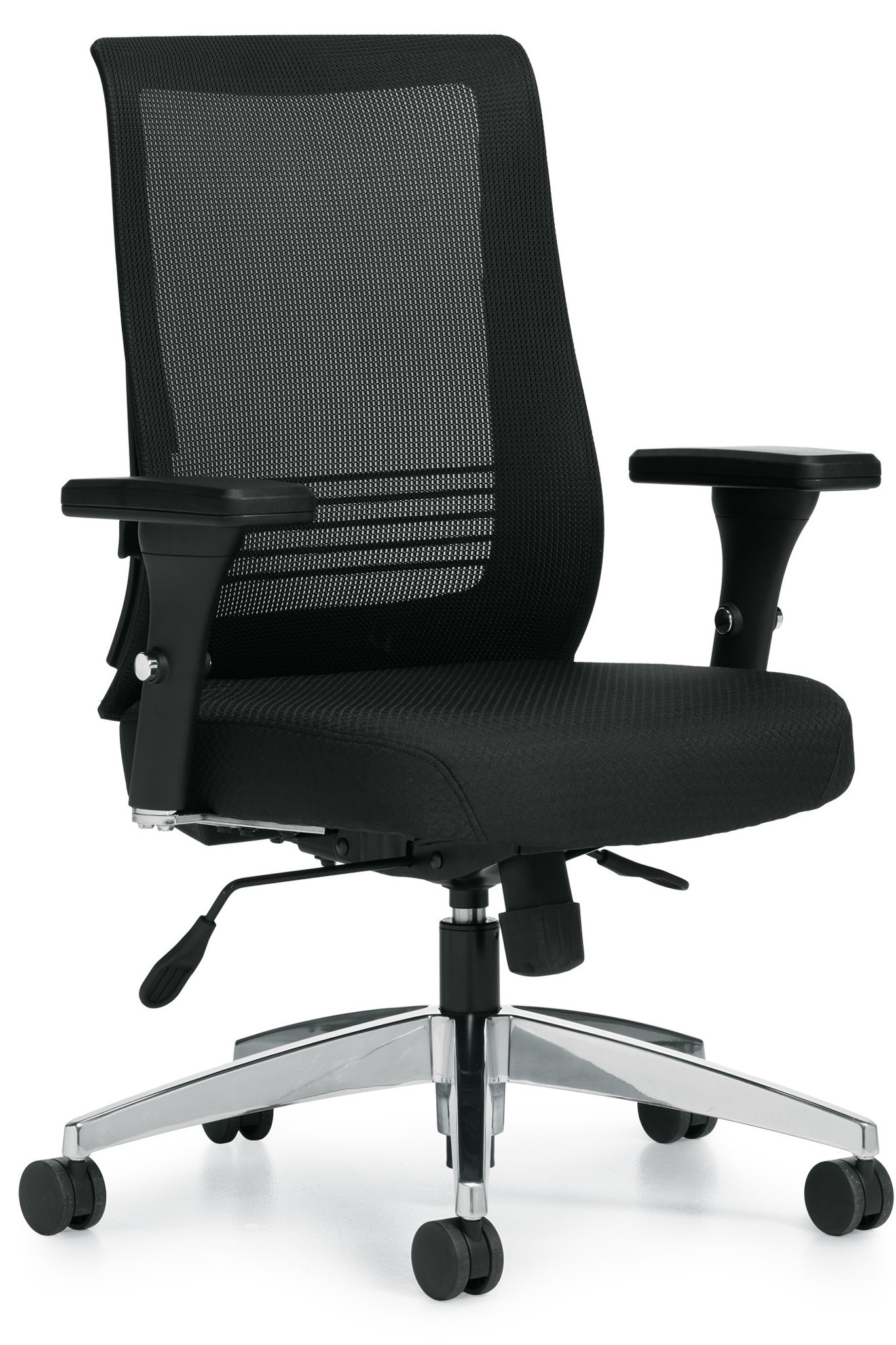 Contoured medium mesh back task chair with extra thick fabric seat, height & width adjustable arms, and chrome 5-star base.